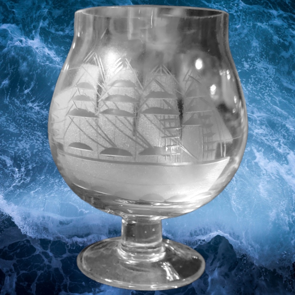 1 Toscany CLIPPER SHIP Hand Blown Etched Crystal Snifters Romania